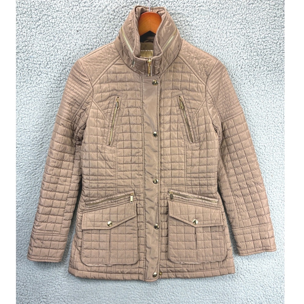 Michael Kors Quilted Jacket Womens XS Beige Grid Puffer Full Zip Utility Coat